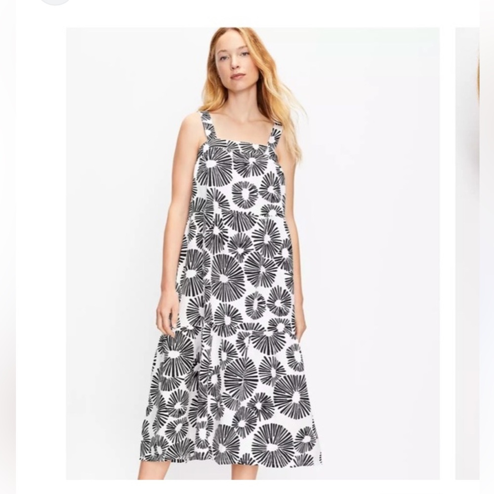 Firework Tiered Square Neck Midi Dress in a black and white linen blend.